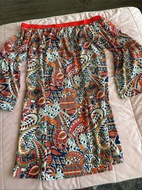 Off-Shoulder Paisley Print Dress in Red and Navy